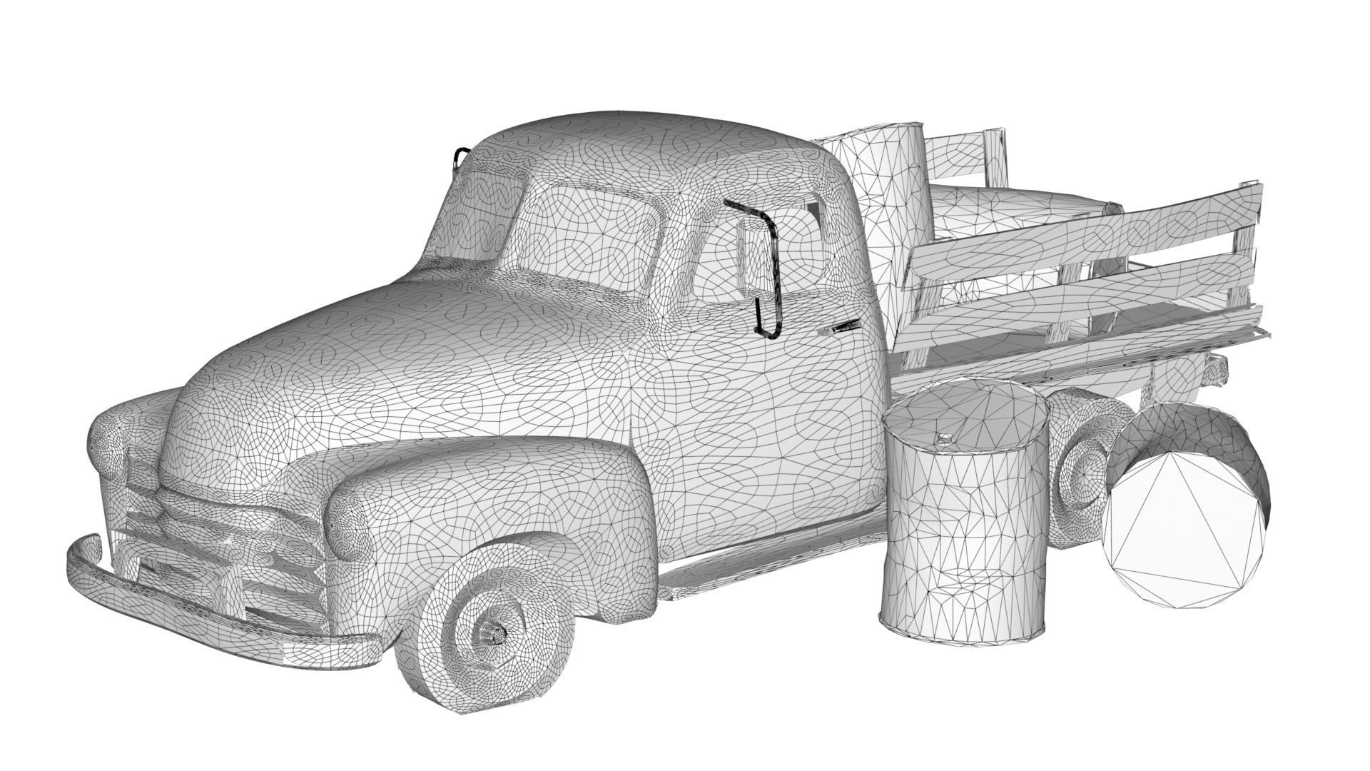 Ruined truck with Barrel destroyed vihicle Low-poly 3D model_8