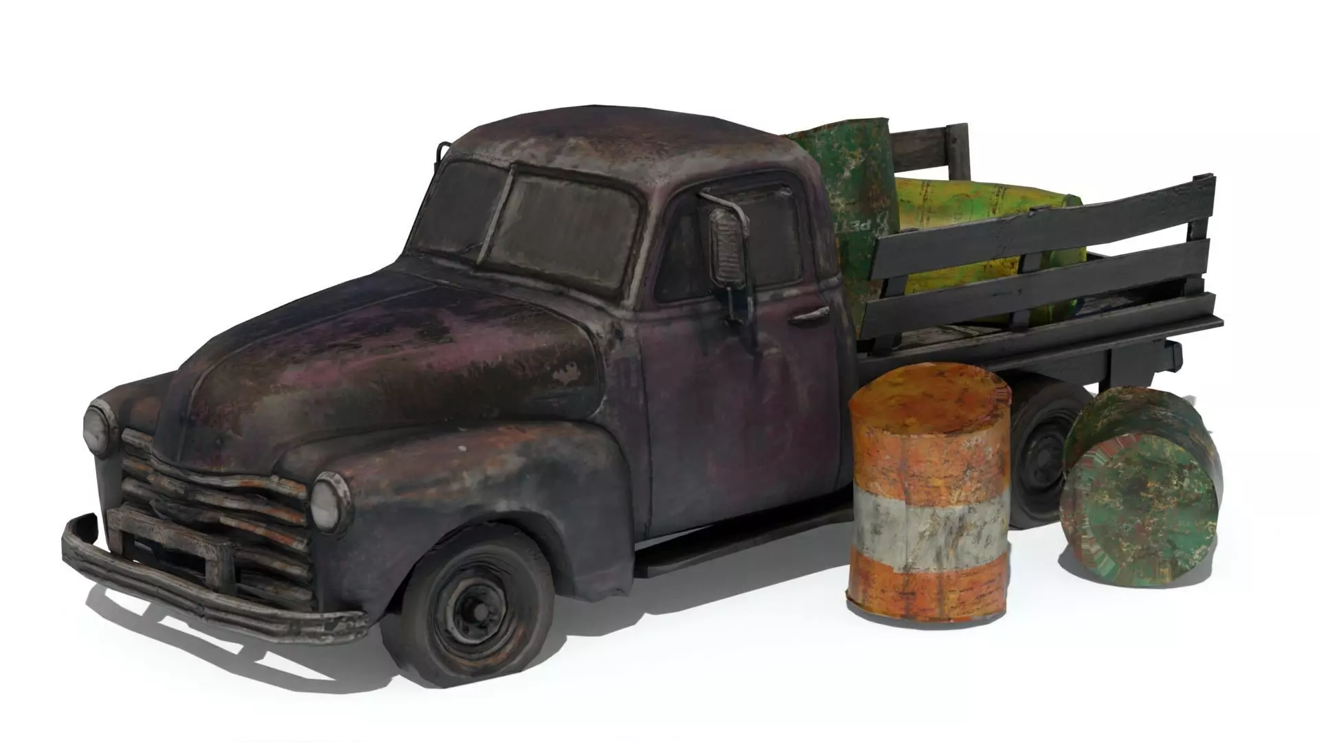 Ruined truck with Barrel destroyed vihicle Low-poly 3D model_0