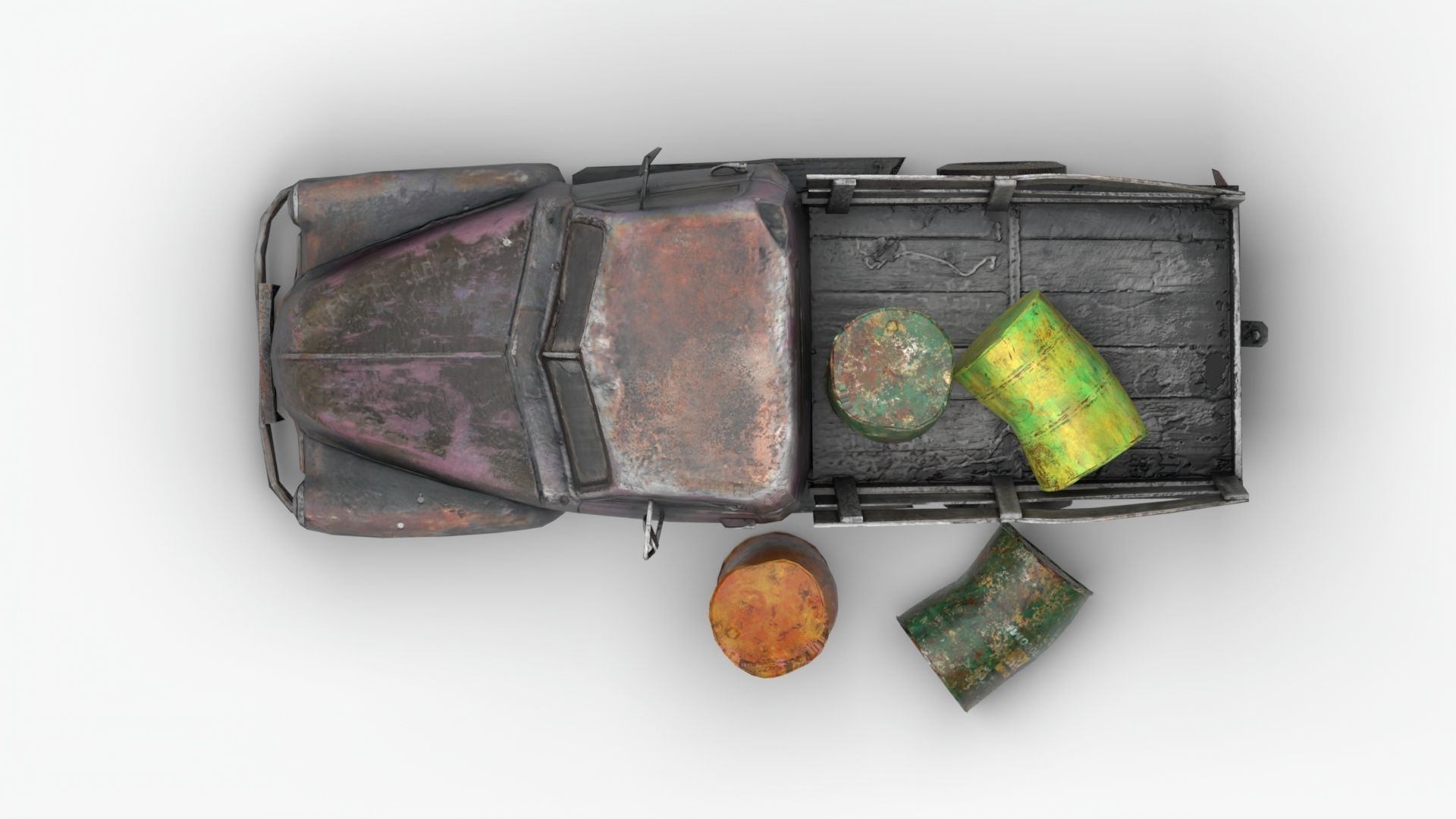 Ruined truck with Barrel destroyed vihicle Low-poly 3D model_7