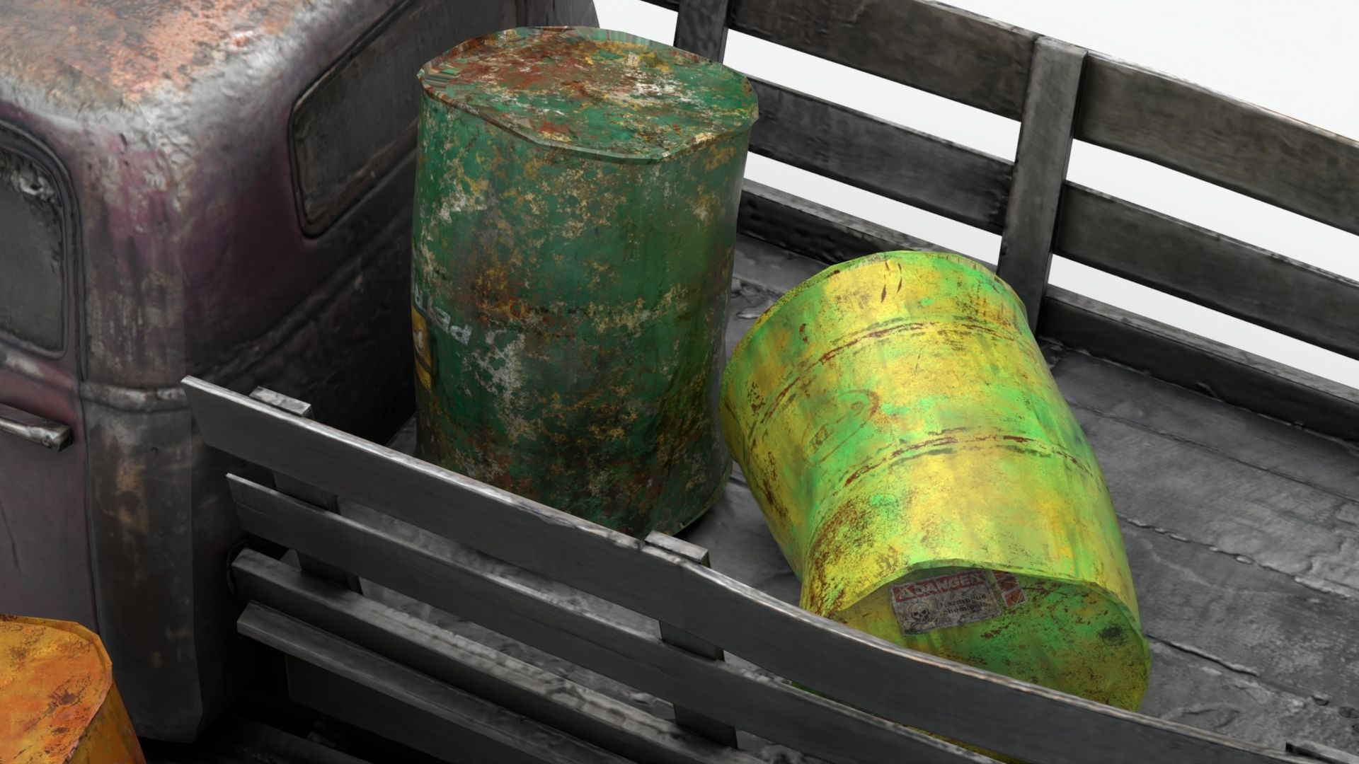 Ruined truck with Barrel destroyed vihicle Low-poly 3D model_6