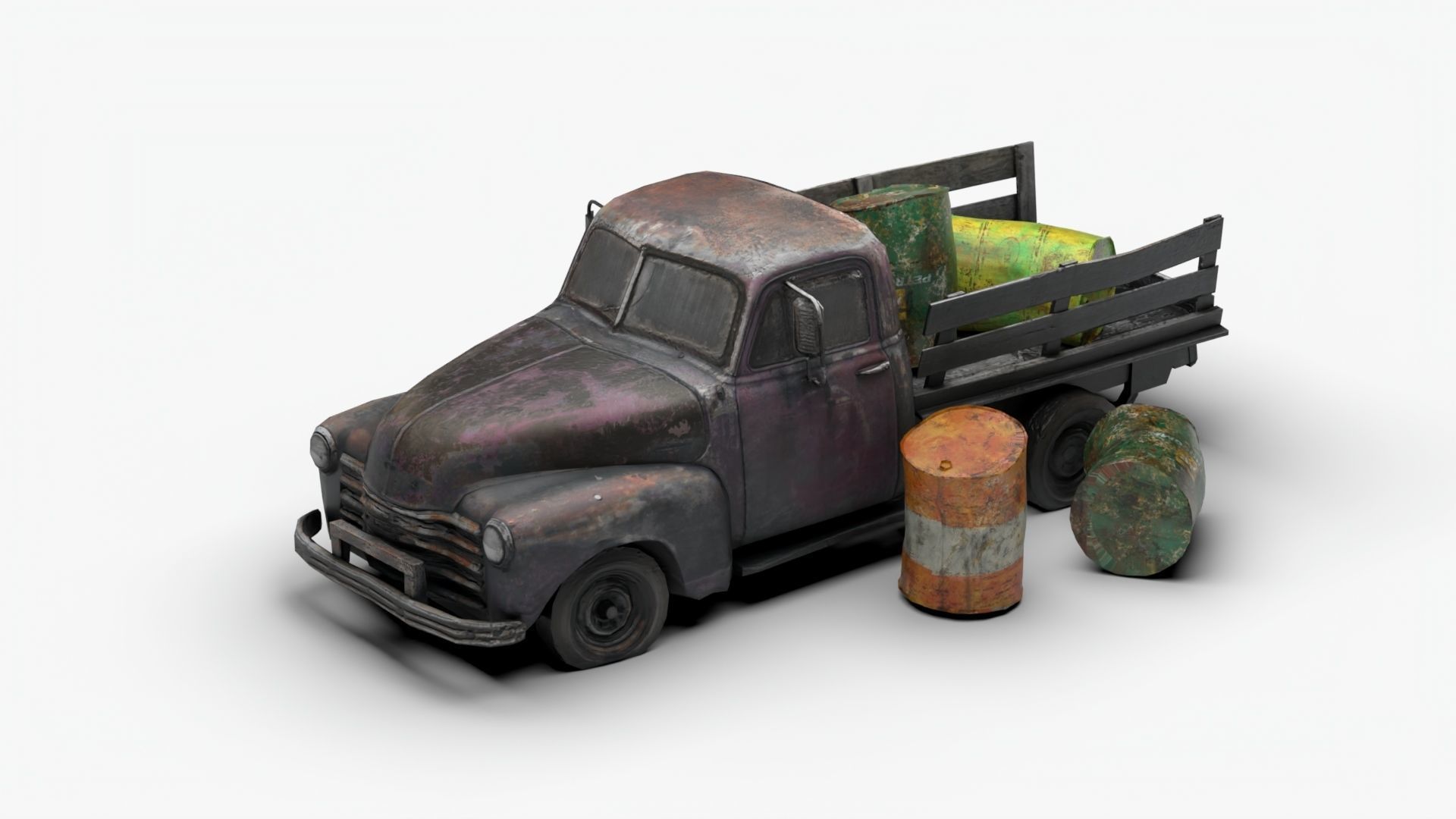 Ruined truck with Barrel destroyed vihicle Low-poly 3D model_3