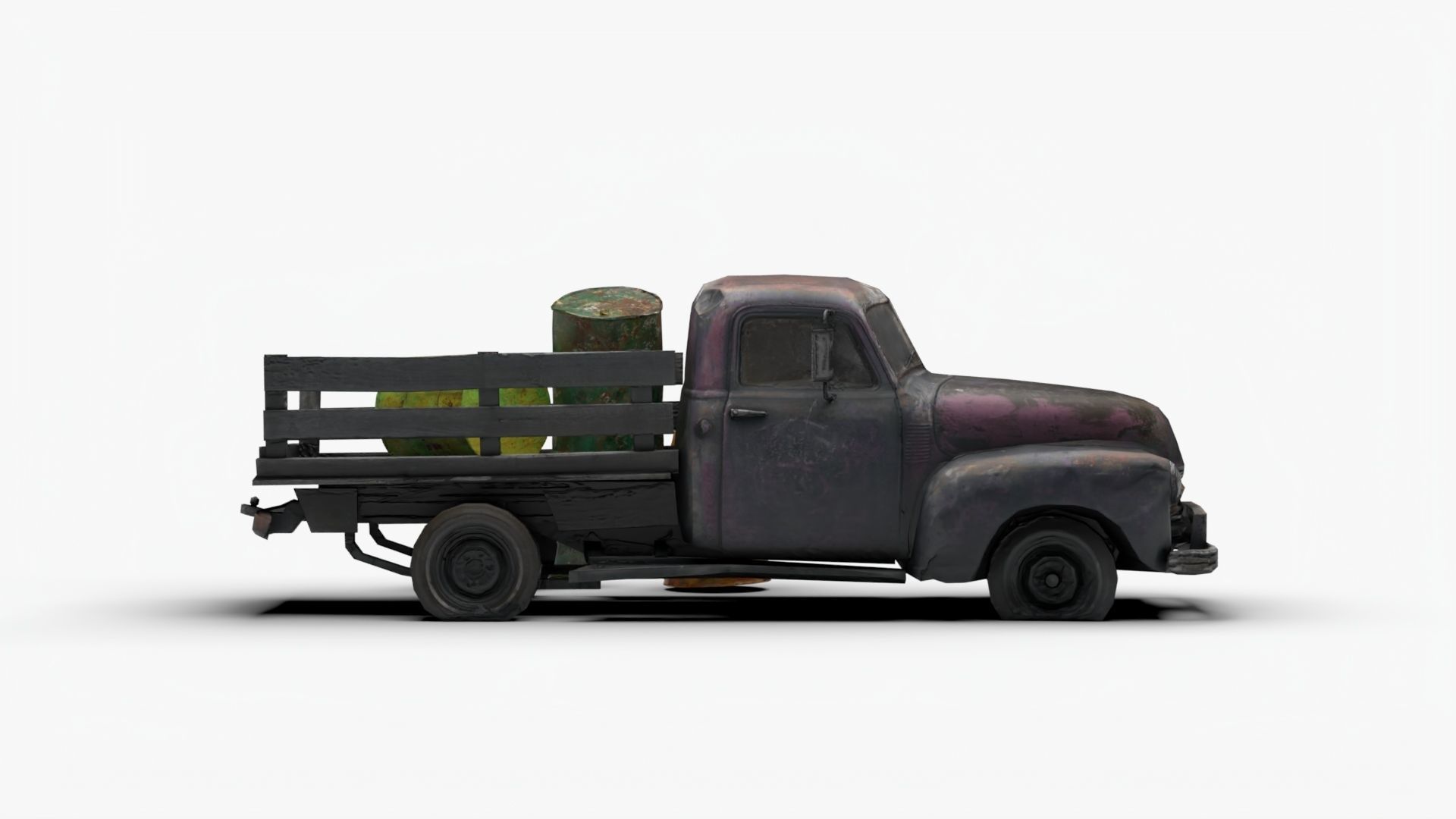 Ruined truck with Barrel destroyed vihicle Low-poly 3D model_5