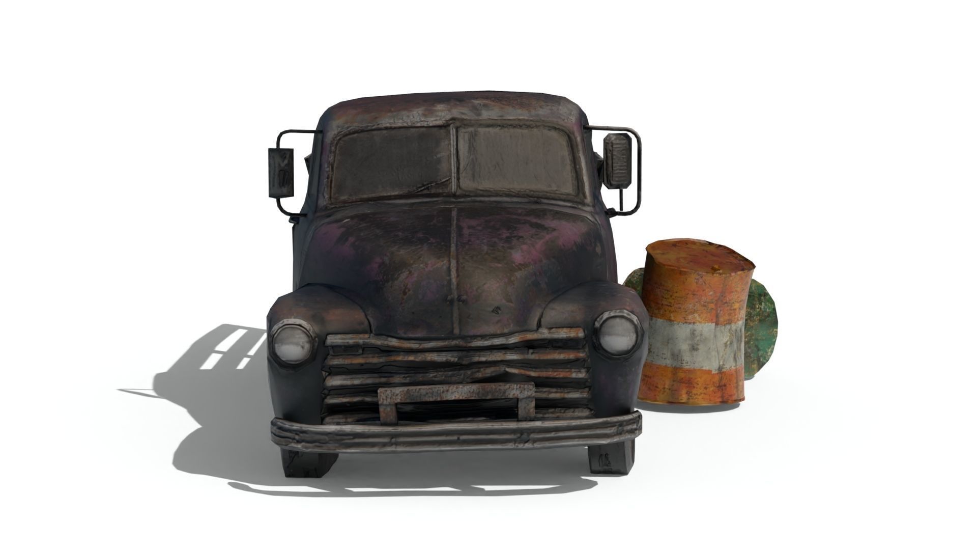 Ruined truck with Barrel destroyed vihicle Low-poly 3D model_1
