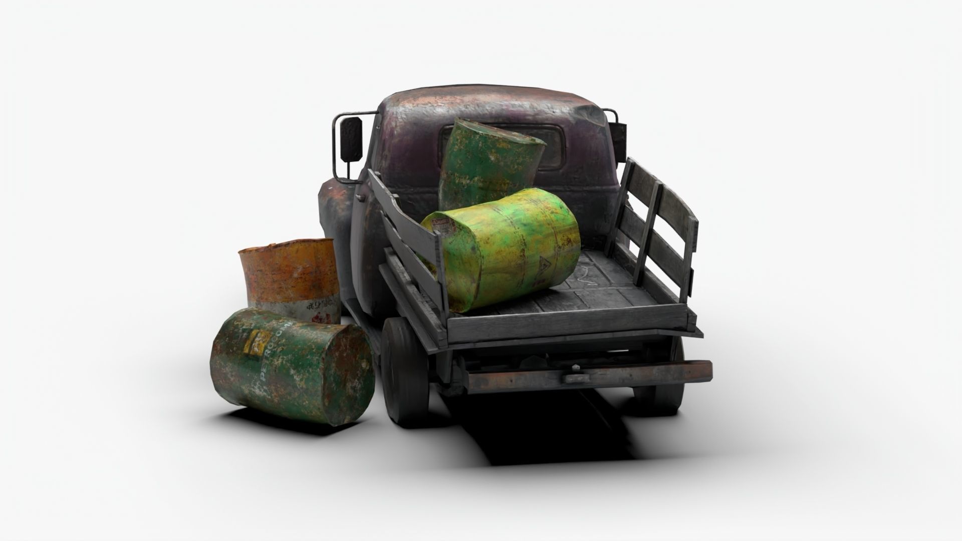 Ruined truck with Barrel destroyed vihicle Low-poly 3D model_4