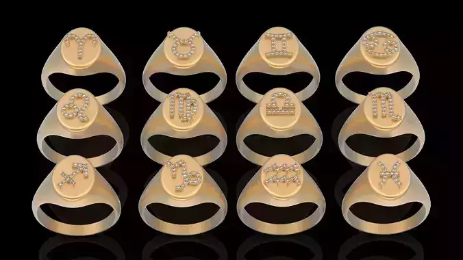 Zodiac sign rings silver gold  printable jewelry 3D model