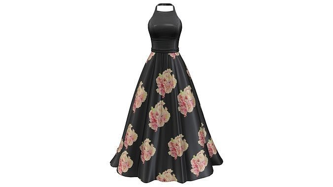 Black Satin Elegant Long Skirt Halter Neck Fashion Dress Low-poly 3D model