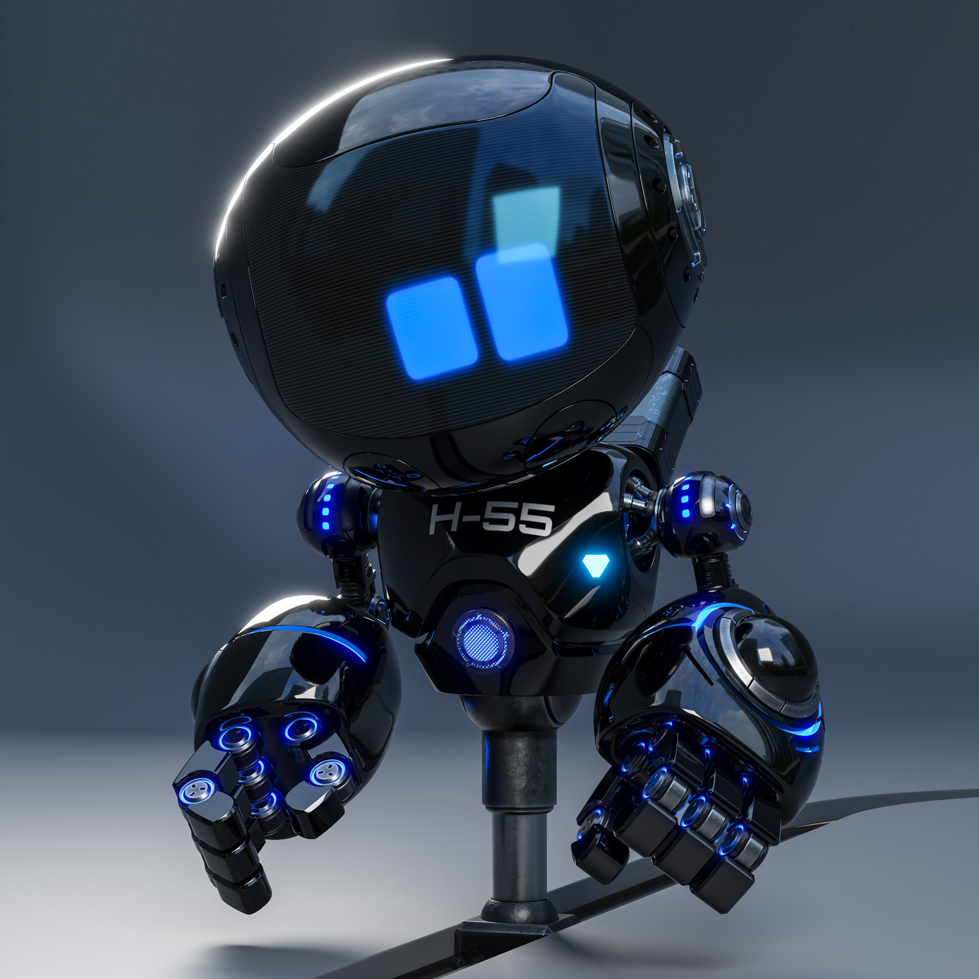 Cute Space Robot Rigged H-55 Black 3D model_12