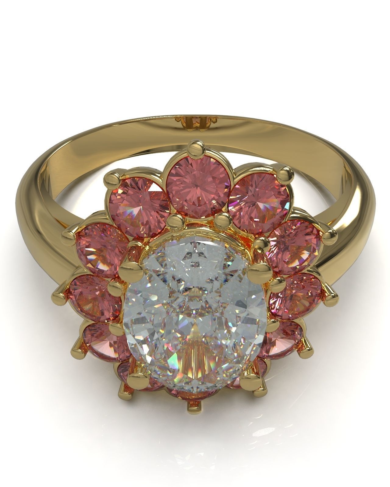 Cluster ring with oval gem 3D print model_1