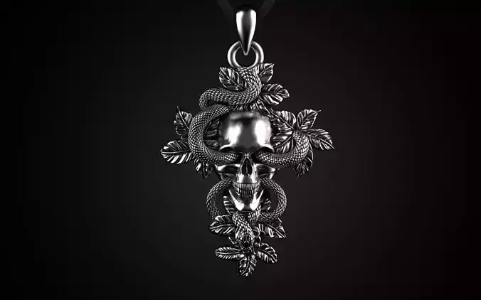 Skull Cross with Flowers and Snake Pendant Necklace