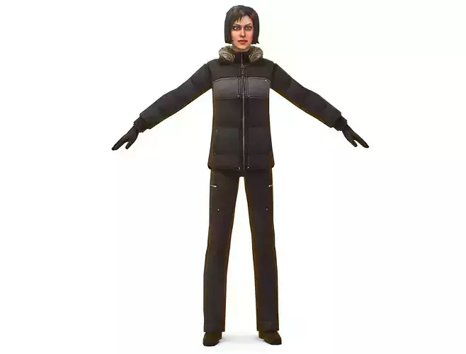 A young girl in a down jacket a ski suit Low-poly 3D model