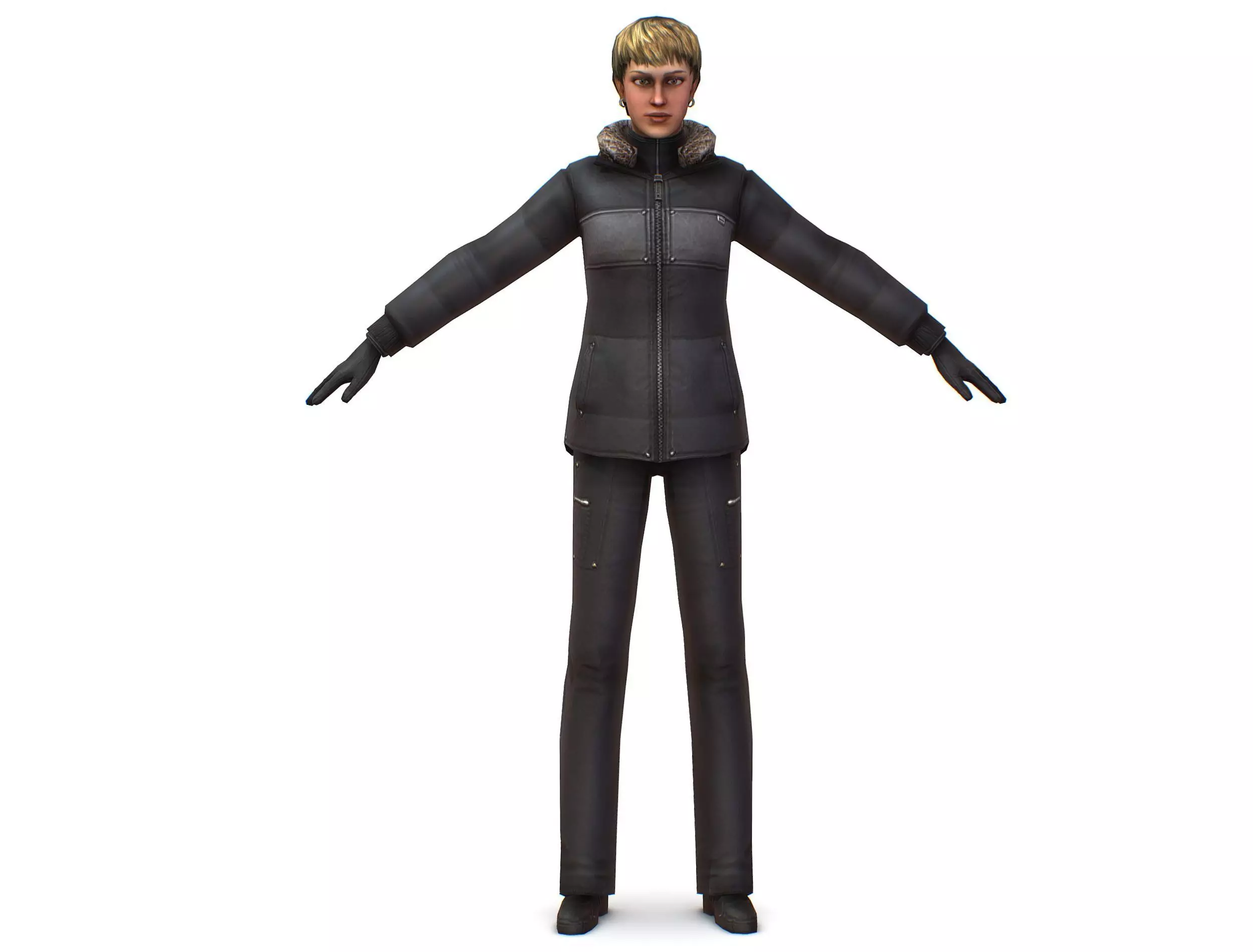 A young girl in a down jacket a ski suit Low-poly 3D model_0