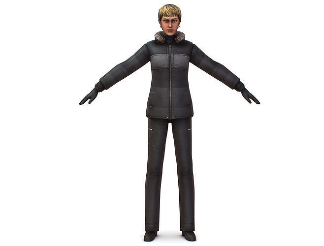 A young girl in a down jacket a ski suit Low-poly 3D model