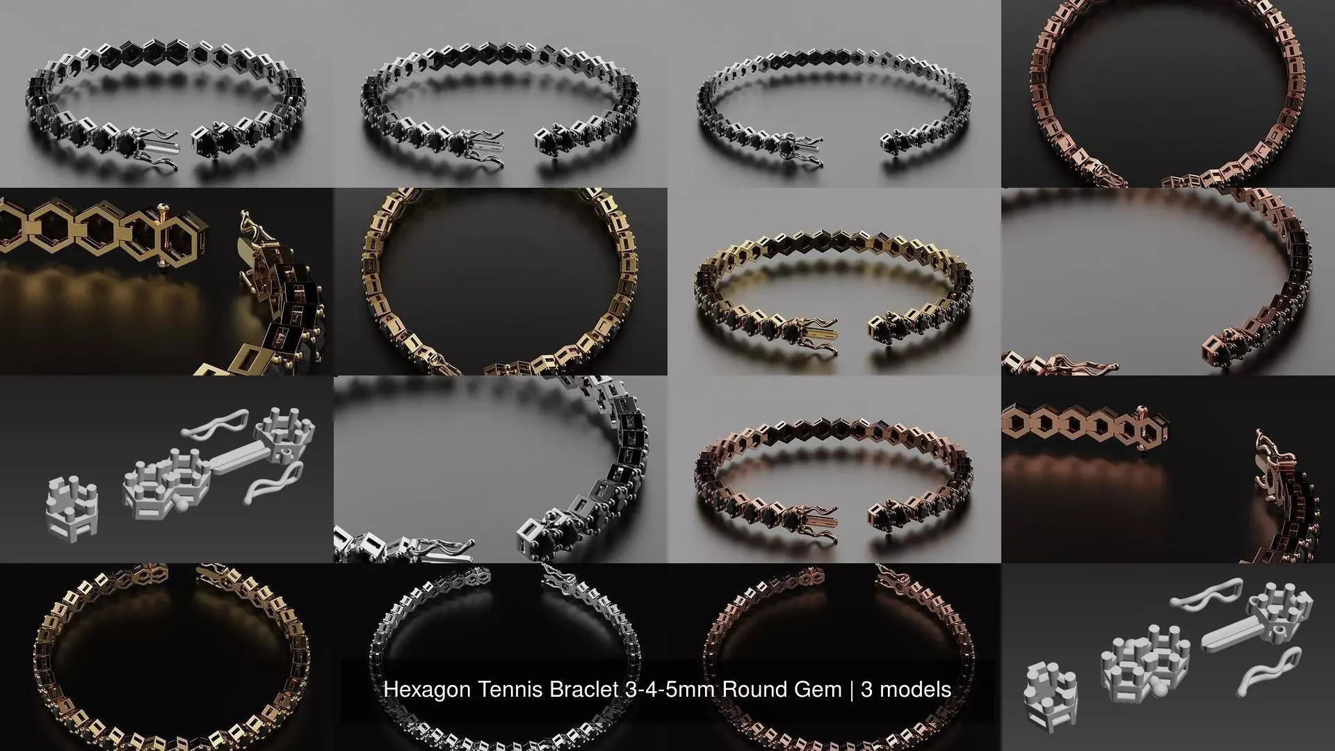 Hexagon Tennis Braclet 3-4-5mm Round Gem 3D Model Collection_1