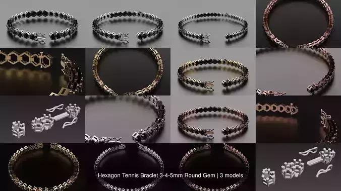 Hexagon Tennis Braclet 3-4-5mm Round Gem