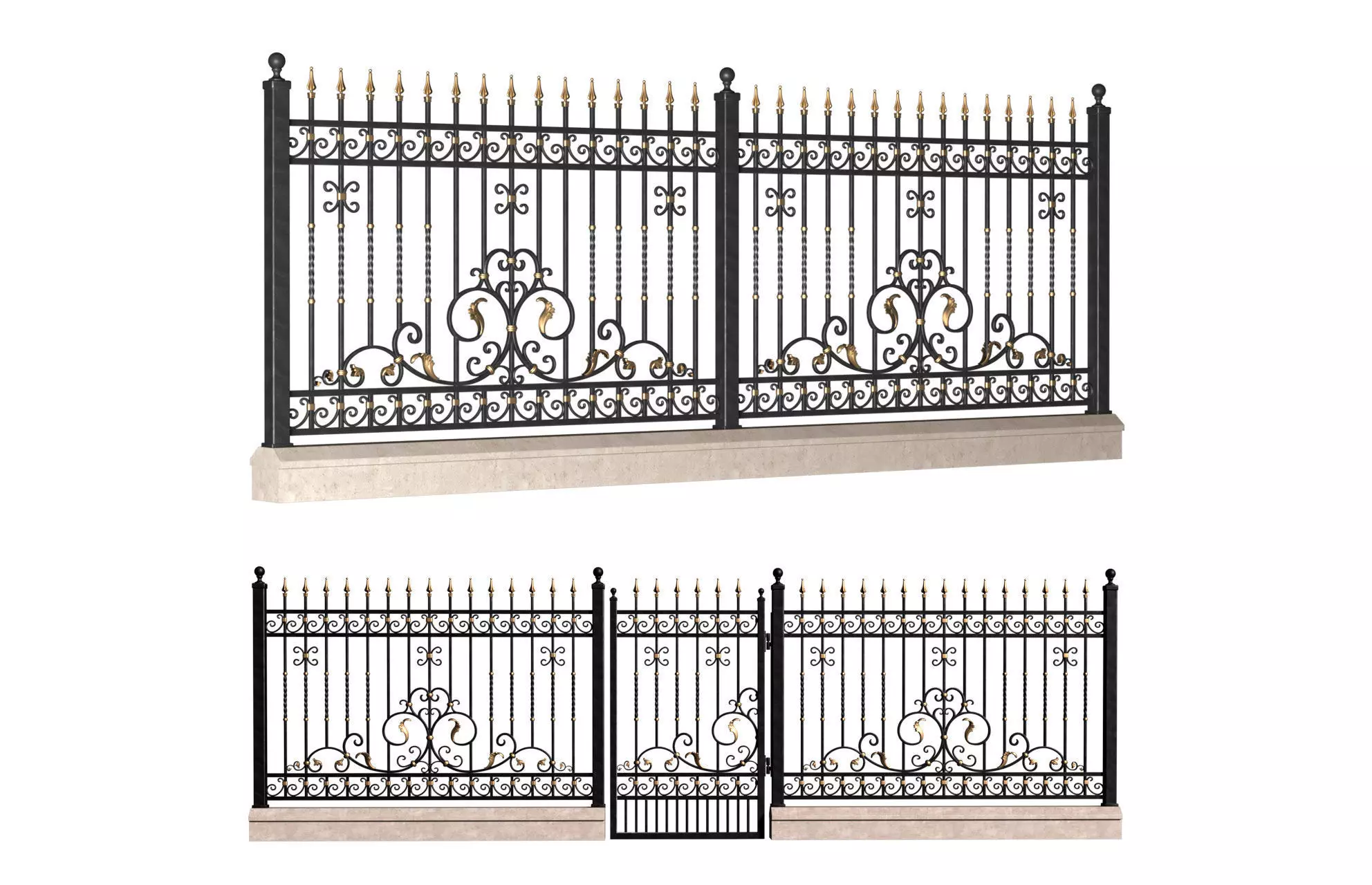 Fence in classic style with wrought iron railing 3D model_0