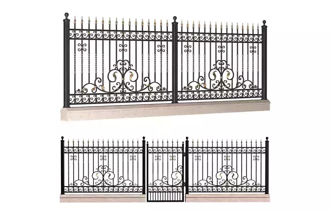 Fence in classic style with wrought iron railing 3D model