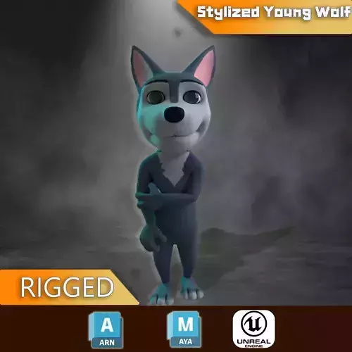 Stylized Young Wolf Rigged Low-poly 3D model