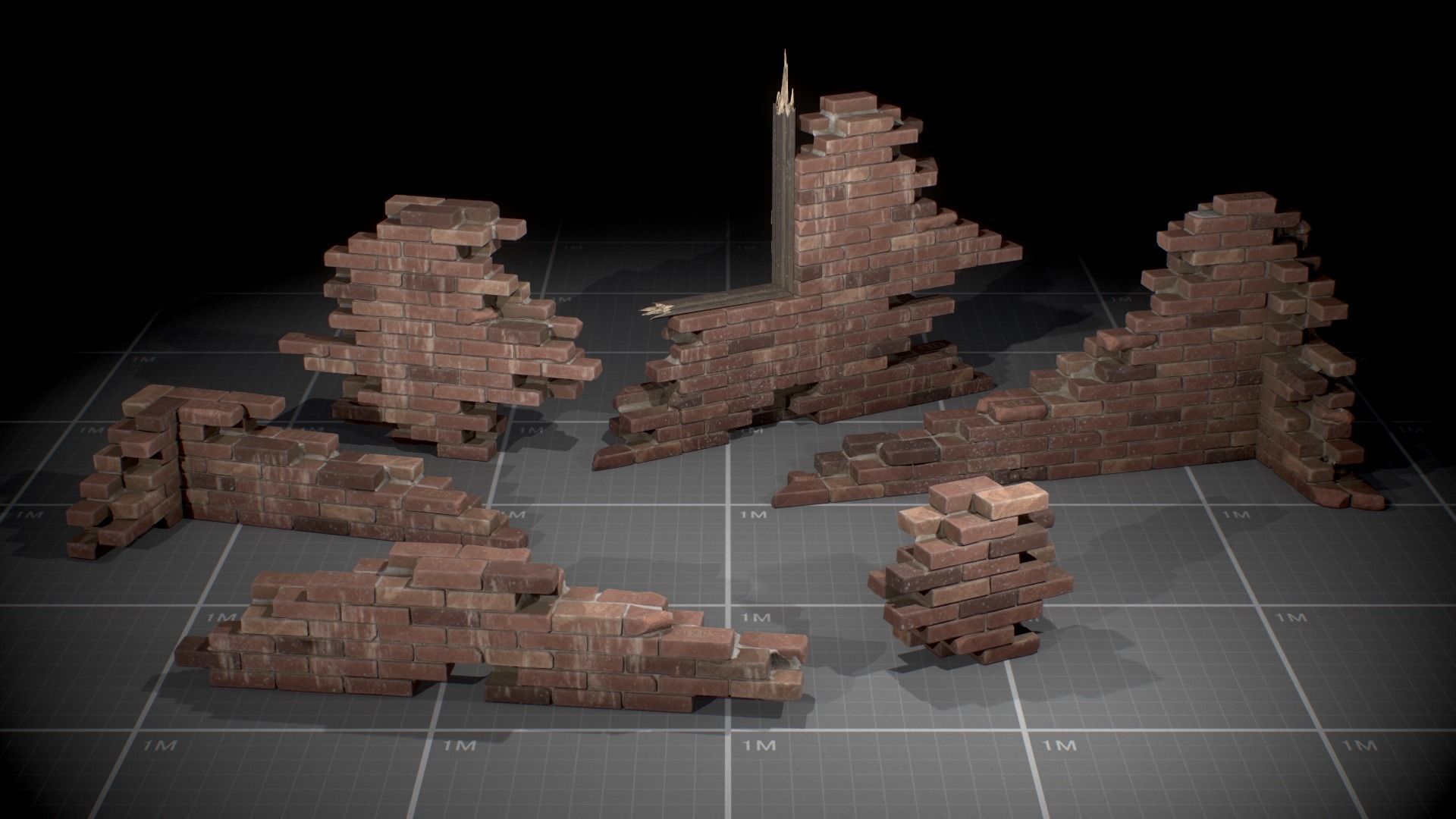 Broken Brick Walls batch01 Low-poly 3D model_1