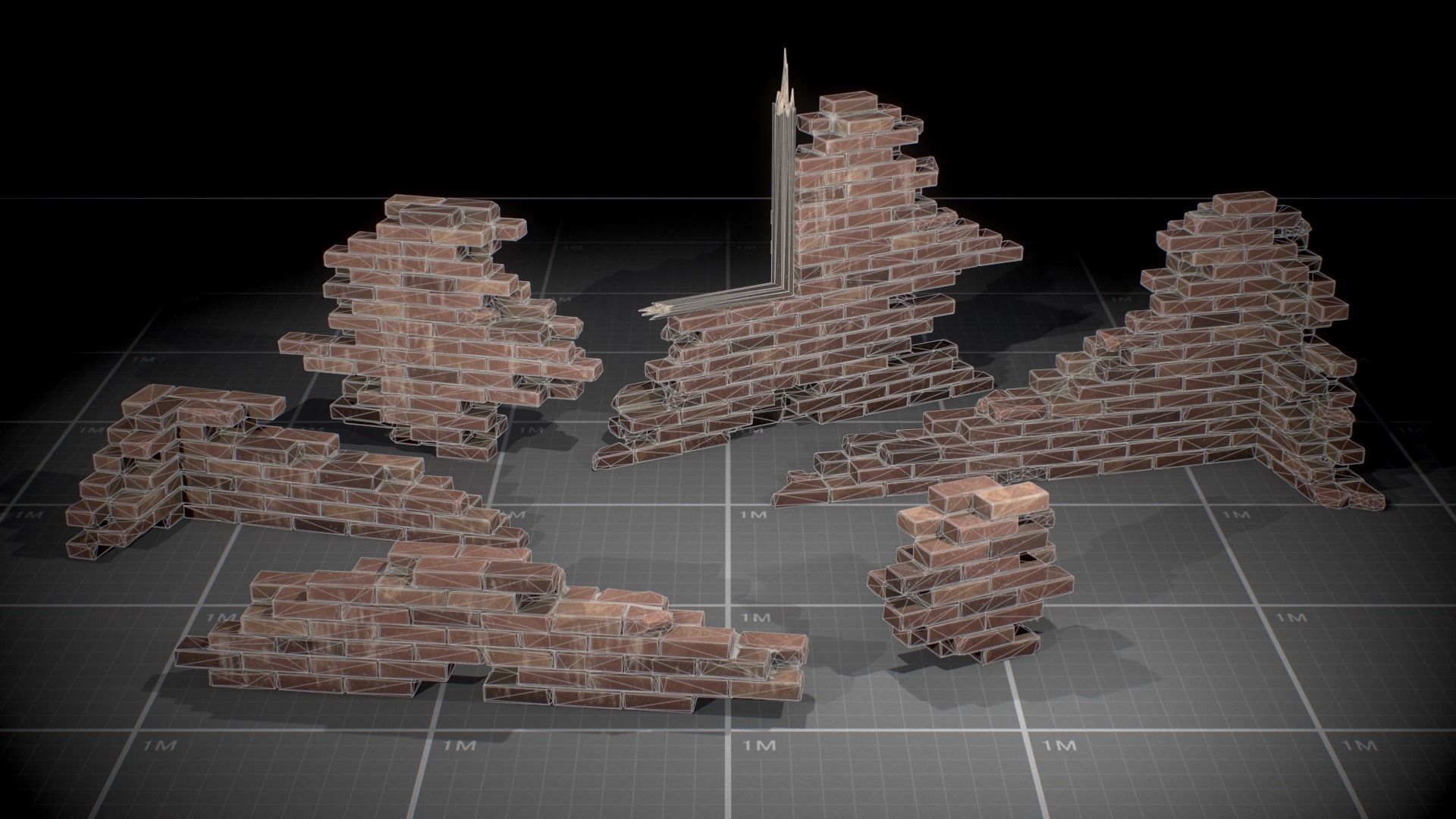 Broken Brick Walls batch01 Low-poly 3D model_8