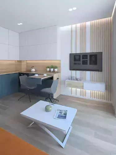 Interior of a small apartment with an orange sofa