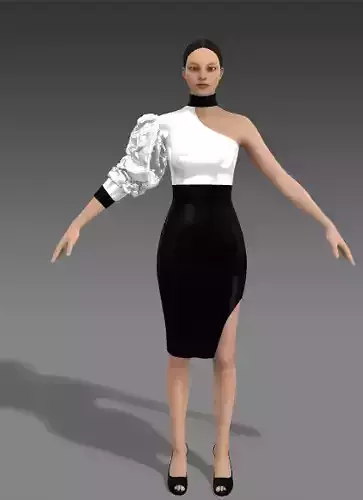 DRESS BLACK AND WHITE COLOR BLOCK ONE SHOULDER 