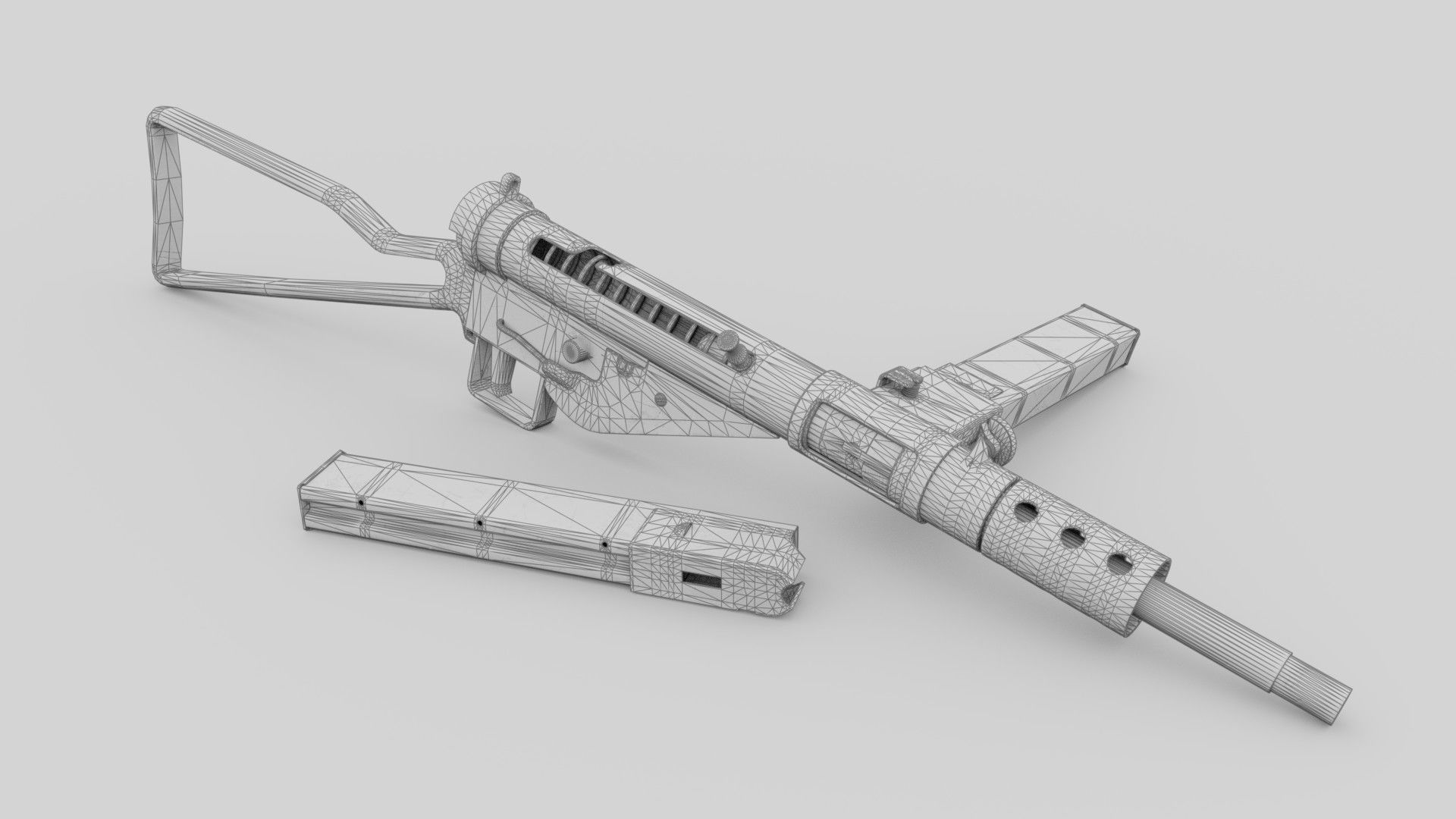 STEN Mk2 Submachinegun - Game and VFX-Ready Low-poly 3D model_4