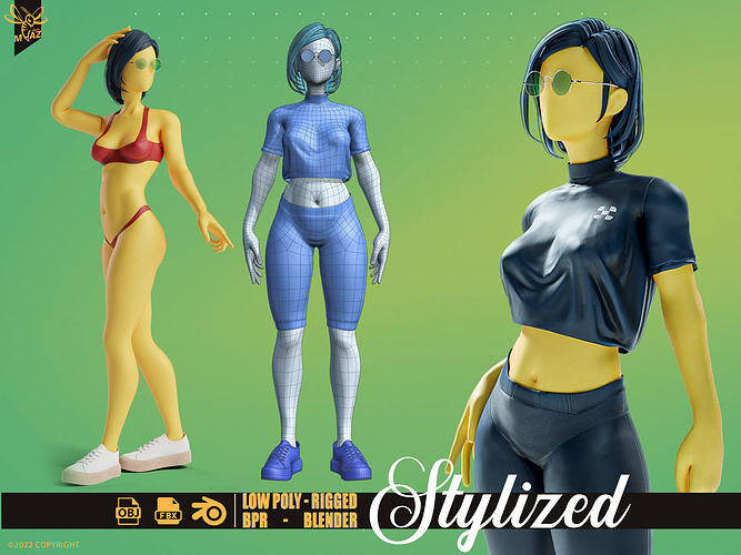 Stylized motion design female character Low-poly 3D model