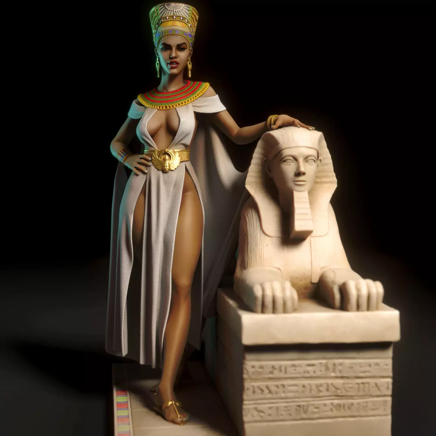 Nefertiti statue of egyptian woman and sphinx 3D print model