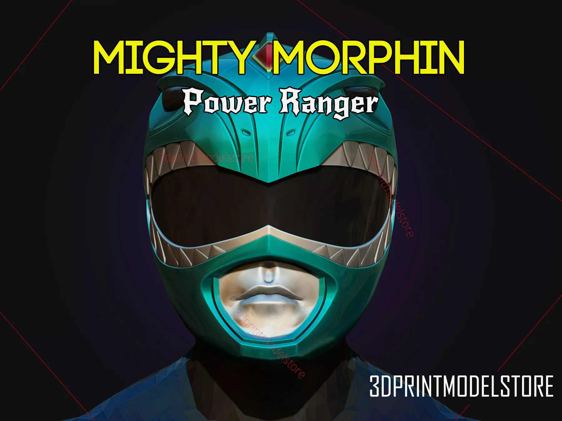 Green Ranger Mighty Morphin Power Ranger Cosplay Helmet stl file 3D print model_0