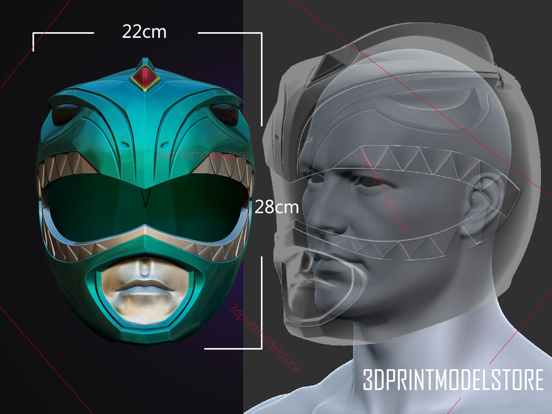 Green Ranger Mighty Morphin Power Ranger Cosplay Helmet stl file 3D print model_14