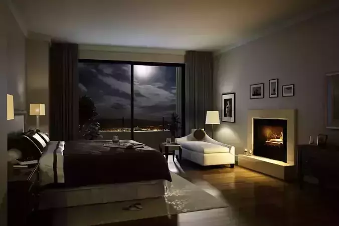 Elegant Cozy Dark Bed Room 3D model