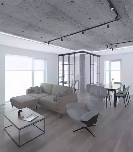 Modern living room with concrete ceiling