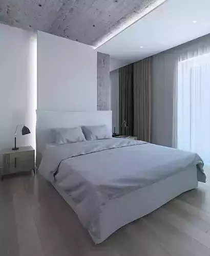 Modern bedroom with concrete ceiling