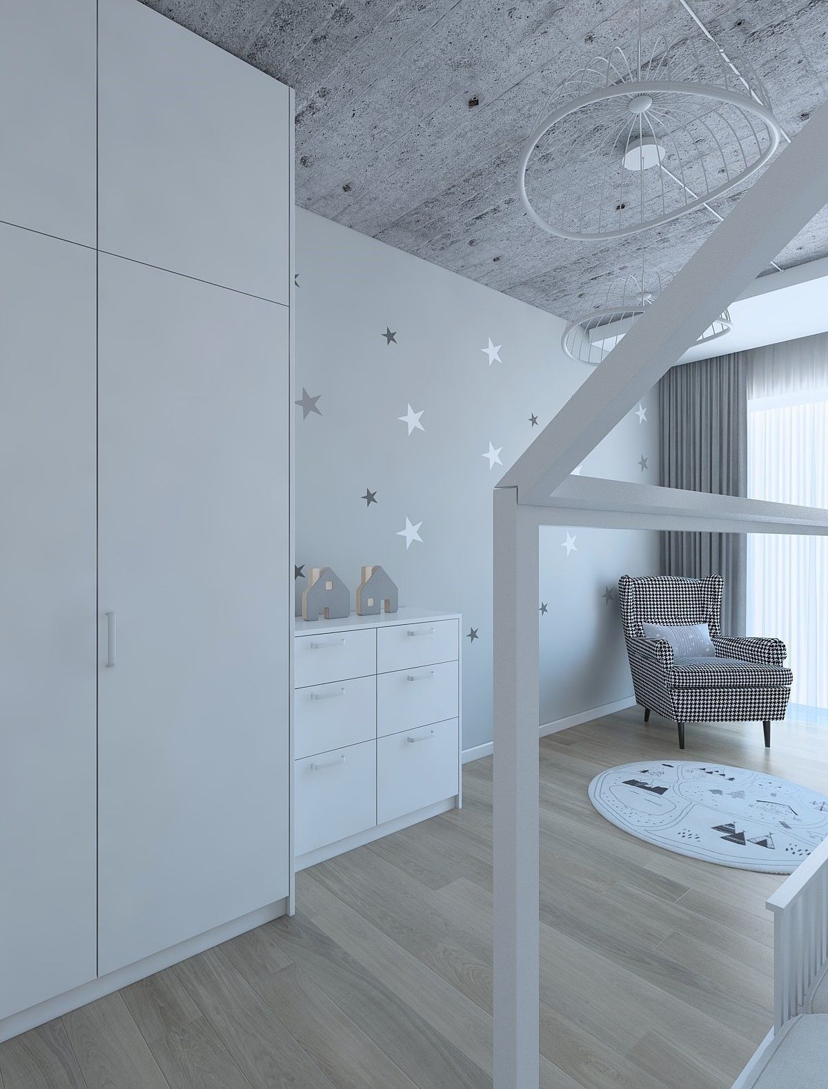 Modern childs room with concrete ceiling 3D model_1