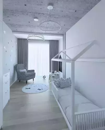 Modern childs room with concrete ceiling
