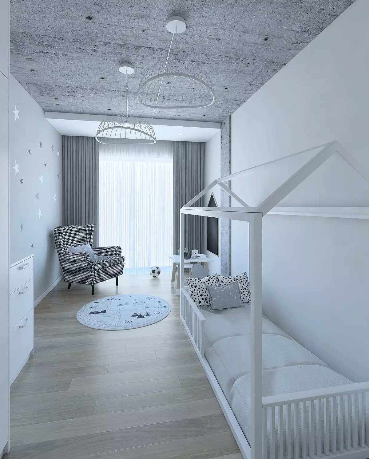 Modern childs room with concrete ceiling 3D model_0