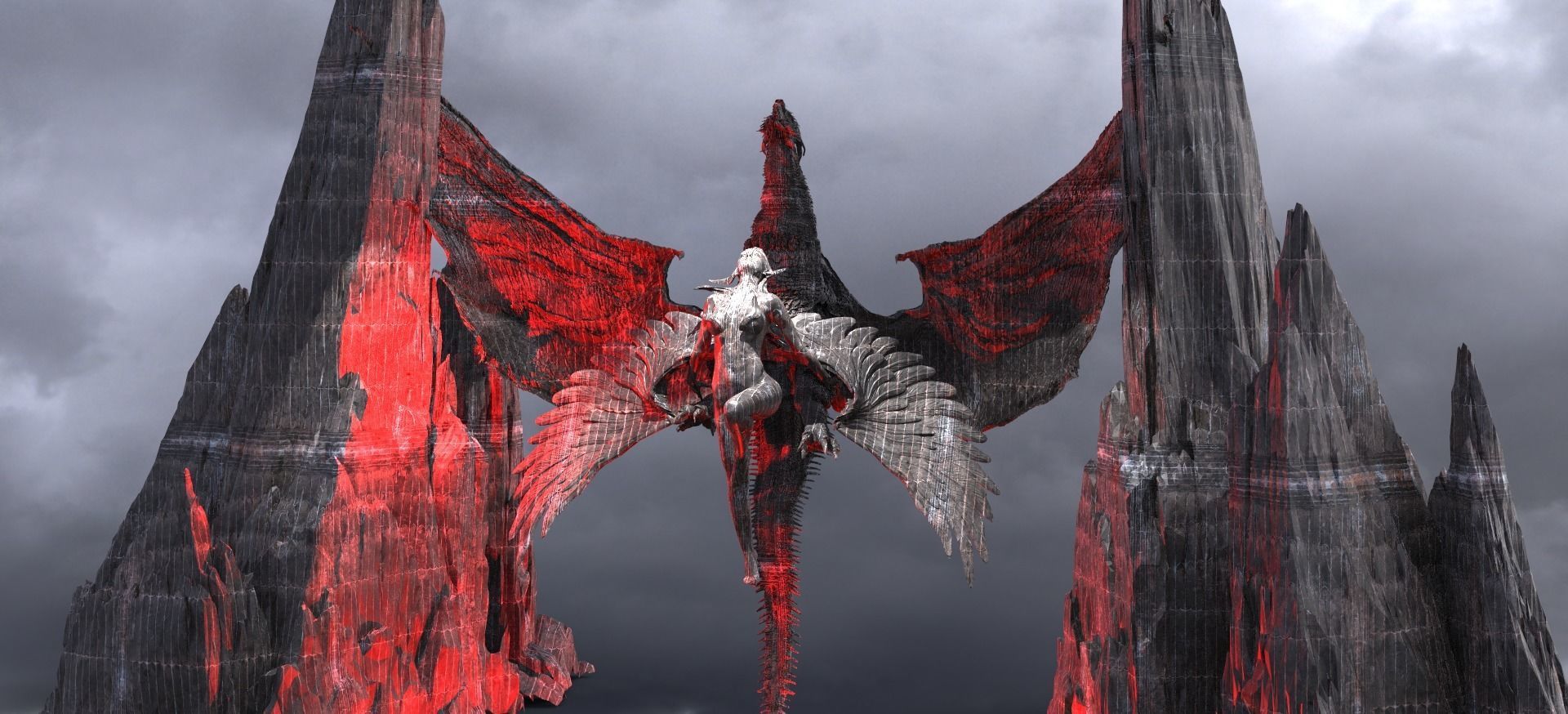 Spiral Mountain Sharp rocks With Dragon Angel statues 3D model_1