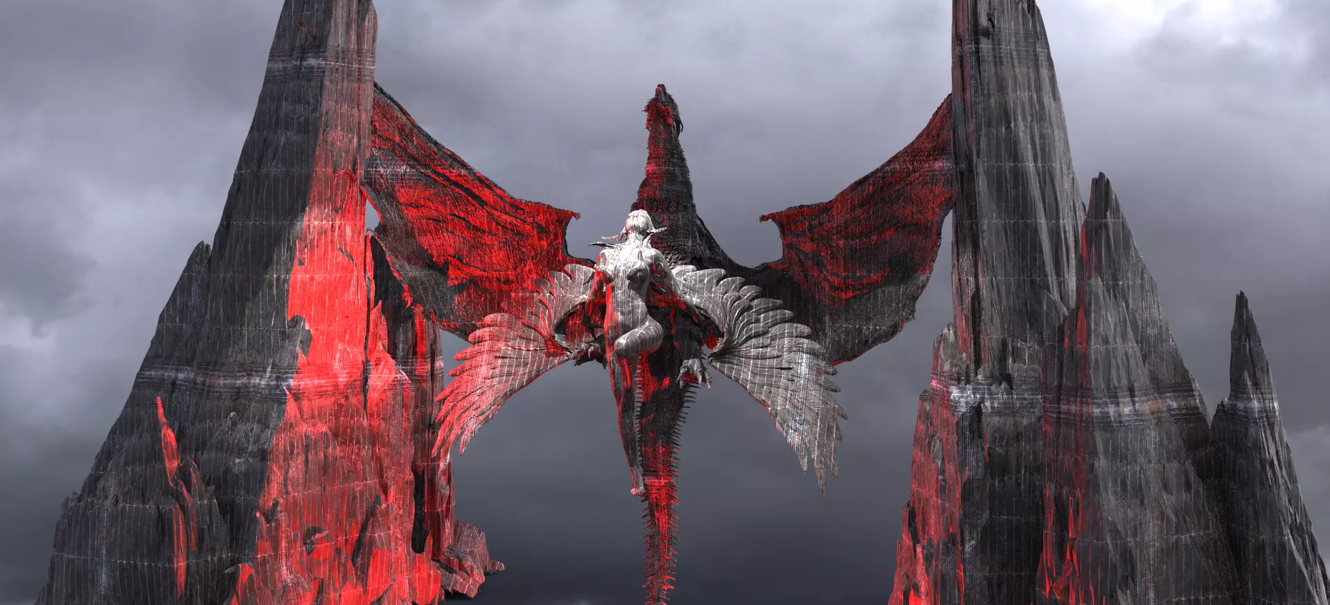 Spiral Mountain Sharp rocks With Dragon Angel statues 3D model_0