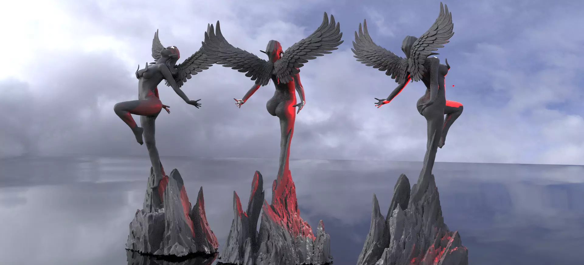 Crescent Winged Angel Ocean rocks  3D model_0