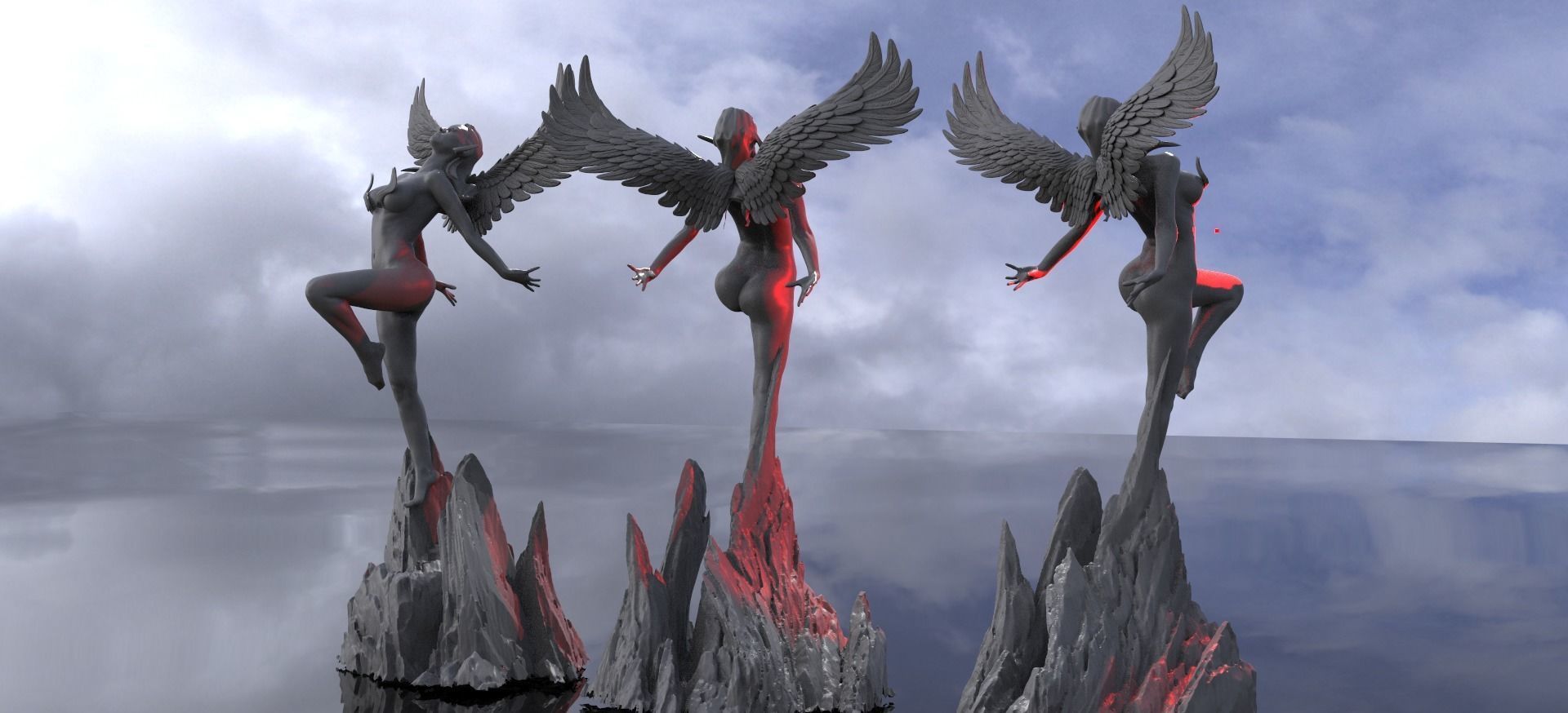 Crescent Winged Angel Ocean rocks  3D model_1