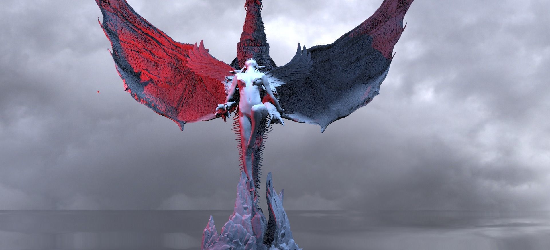 Crescent Angel Statue With Dark Dragon 3D with stand 3D model_1