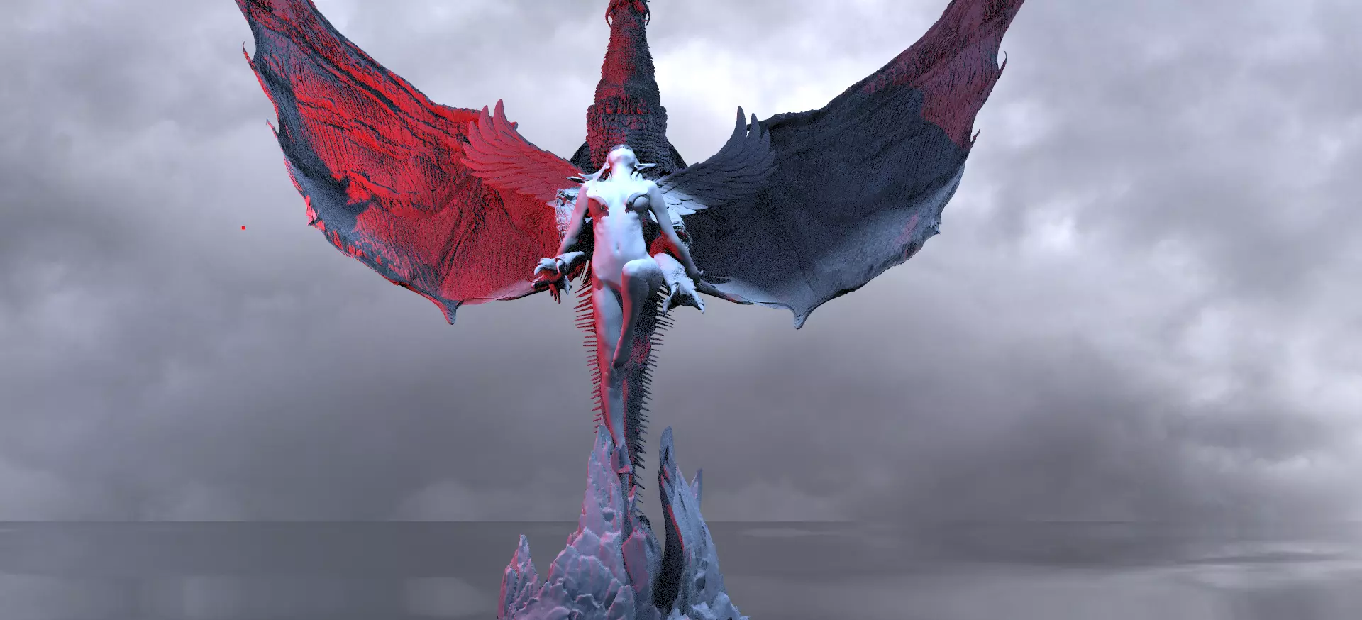 Crescent Angel Statue With Dark Dragon 3D with stand 3D model_0