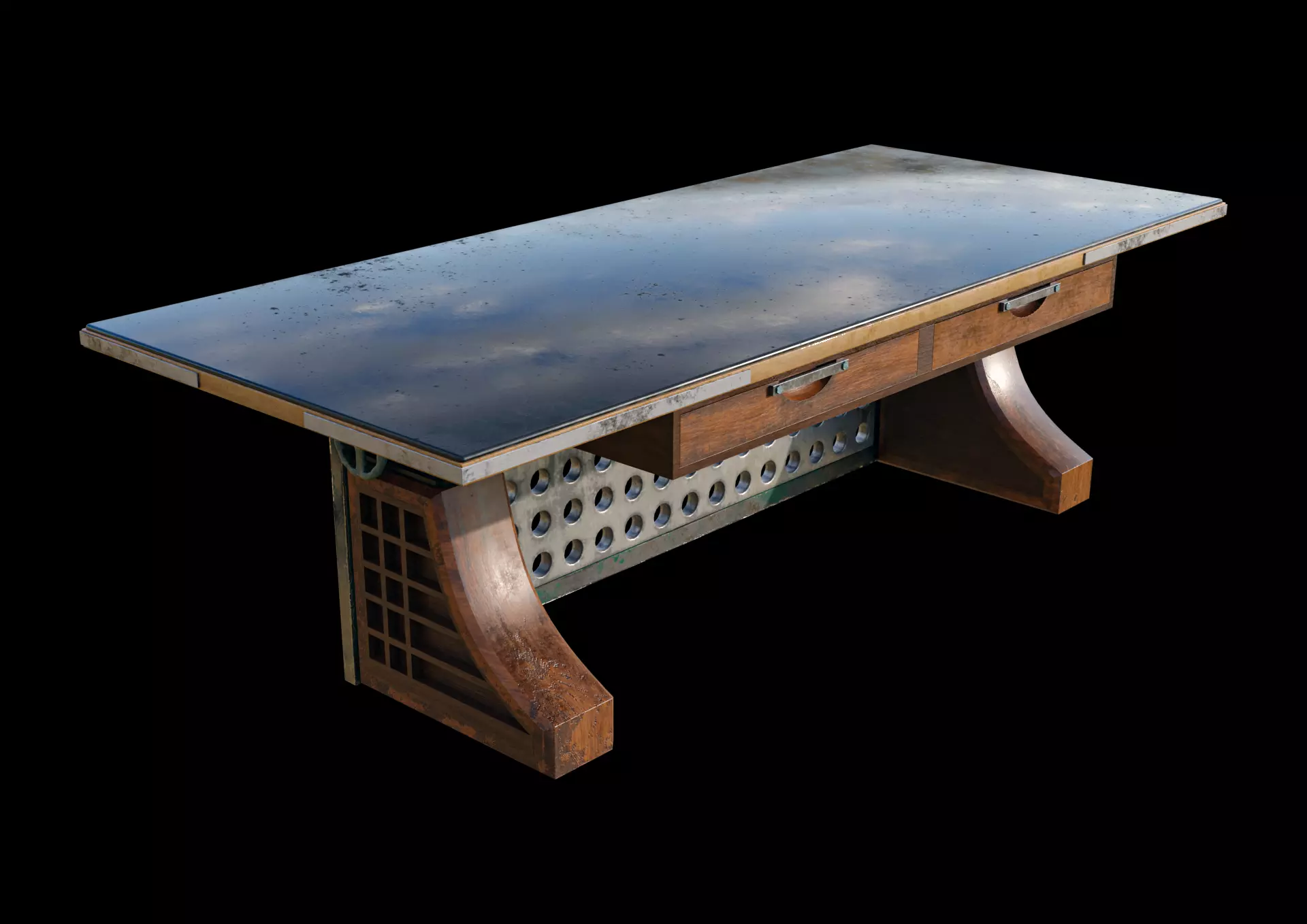 massivetable desk with glass top Low-poly 3D model_0