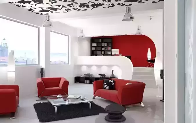 Spacious Living Room With Red Sofas 3D model