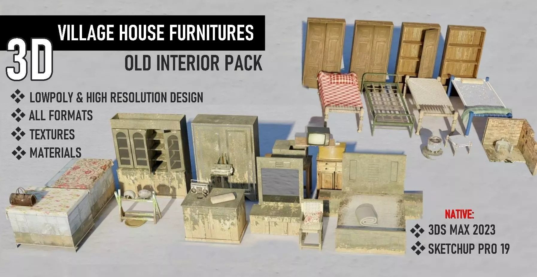 Village Furnitures Low-poly 3D model_0