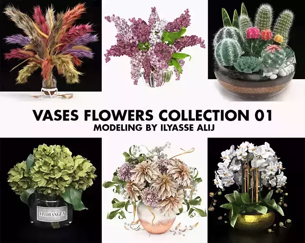 Collection of bouquets vases flowers 01 3D model