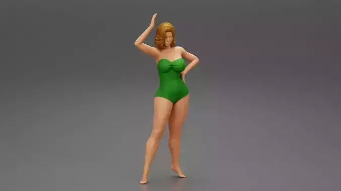 Woman in green swimsuit raising hand up