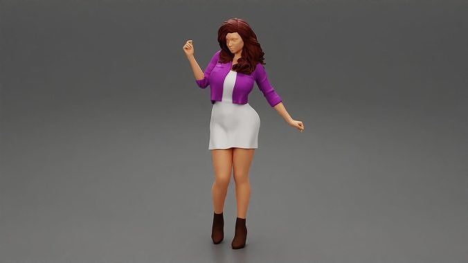 young woman in dress and jacket walks 3D print model