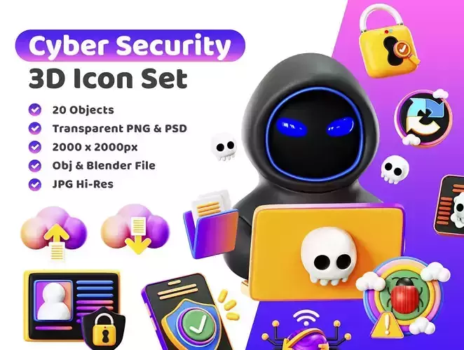 Cyber Security Icon Pack 3D Model Low-poly 3D model