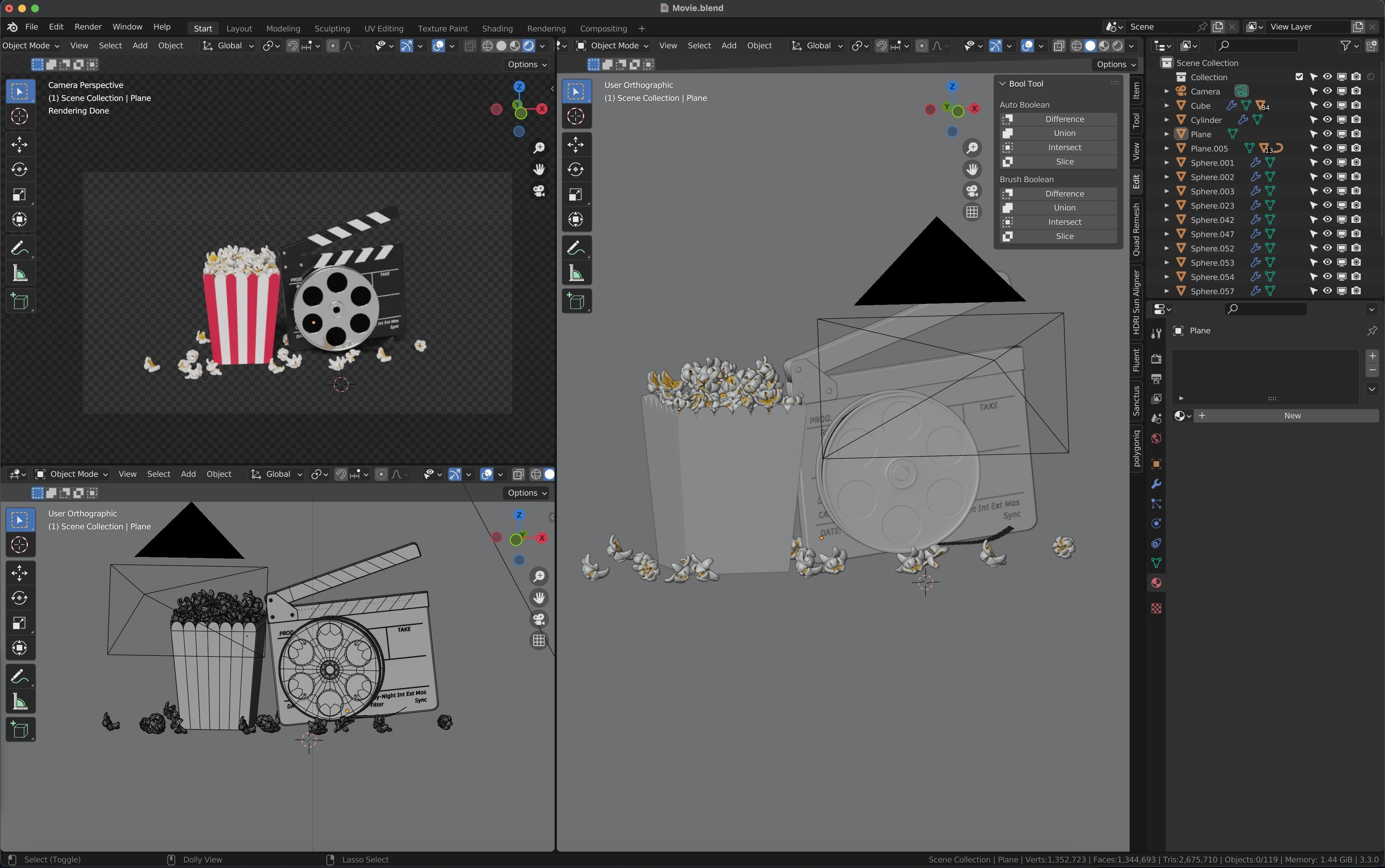 3D model of film reel movies clapper and popcorn 3D model | CGTrader